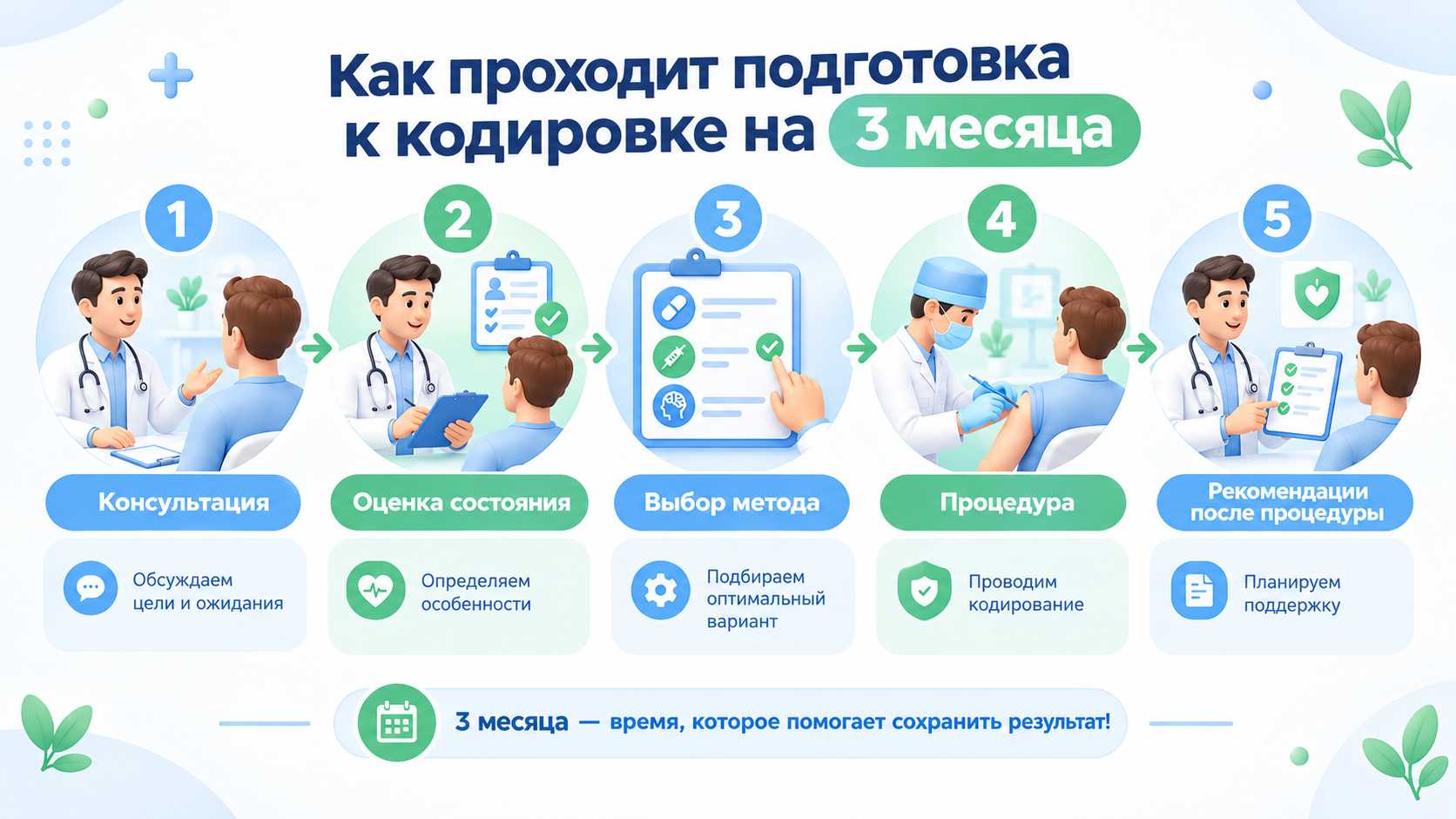 Инфографика с этапами подготовки к кодировке от алкоголя на 3 месяца